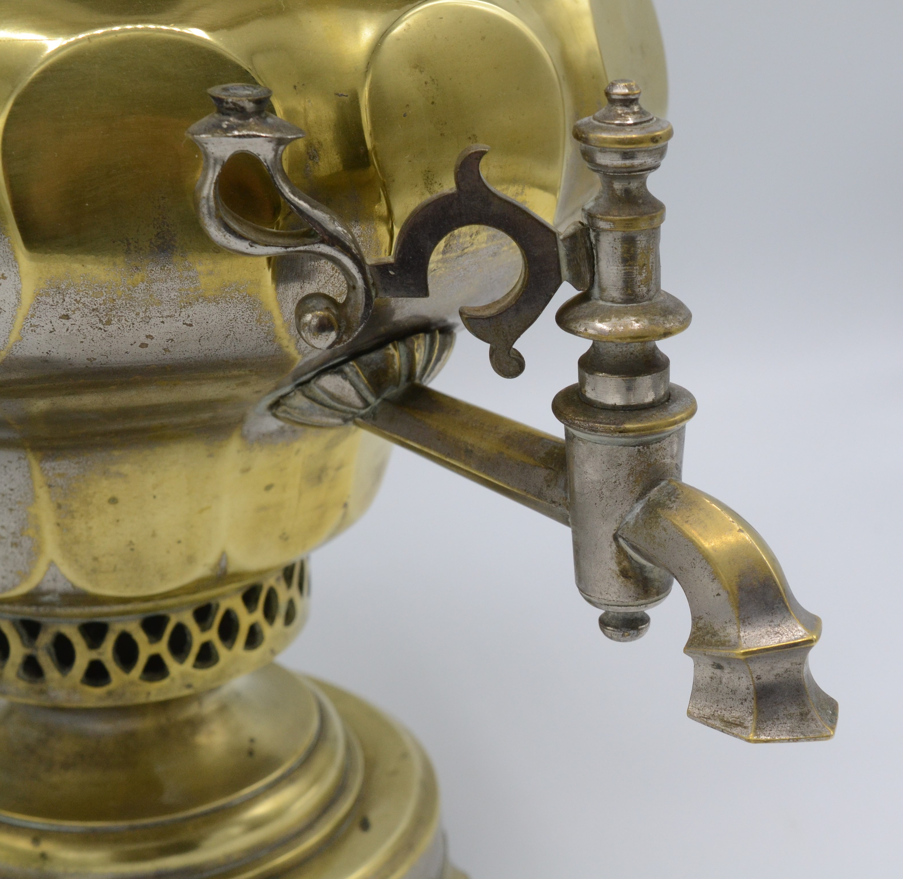 A Russian brass samovar, with maker's mark to cover and turned wood handles, height 40cm. - Image 2 of 2