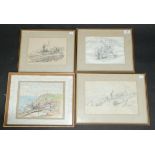 Four framed pen and ink pictures of local mining scenes,