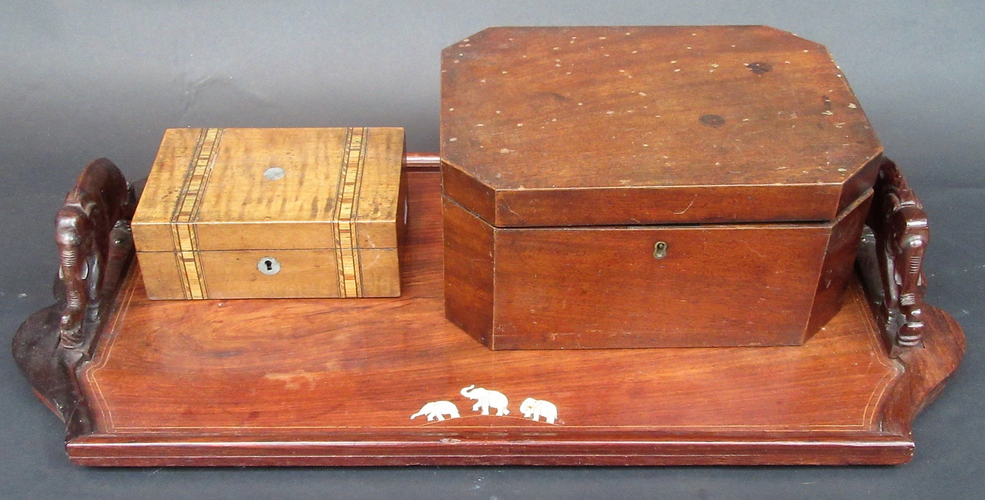 A "Mysore Arts and Crafts" inlaid rosewood tray, with elephant carved handles,