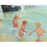 ANN SHARP Children playing in the St Ives Harbour Oil on board Signed 39 x 49cm