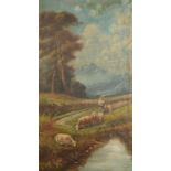 M ZANBELLY Shepherdess With Sheep Oil on canvas Signed 58 x 32.