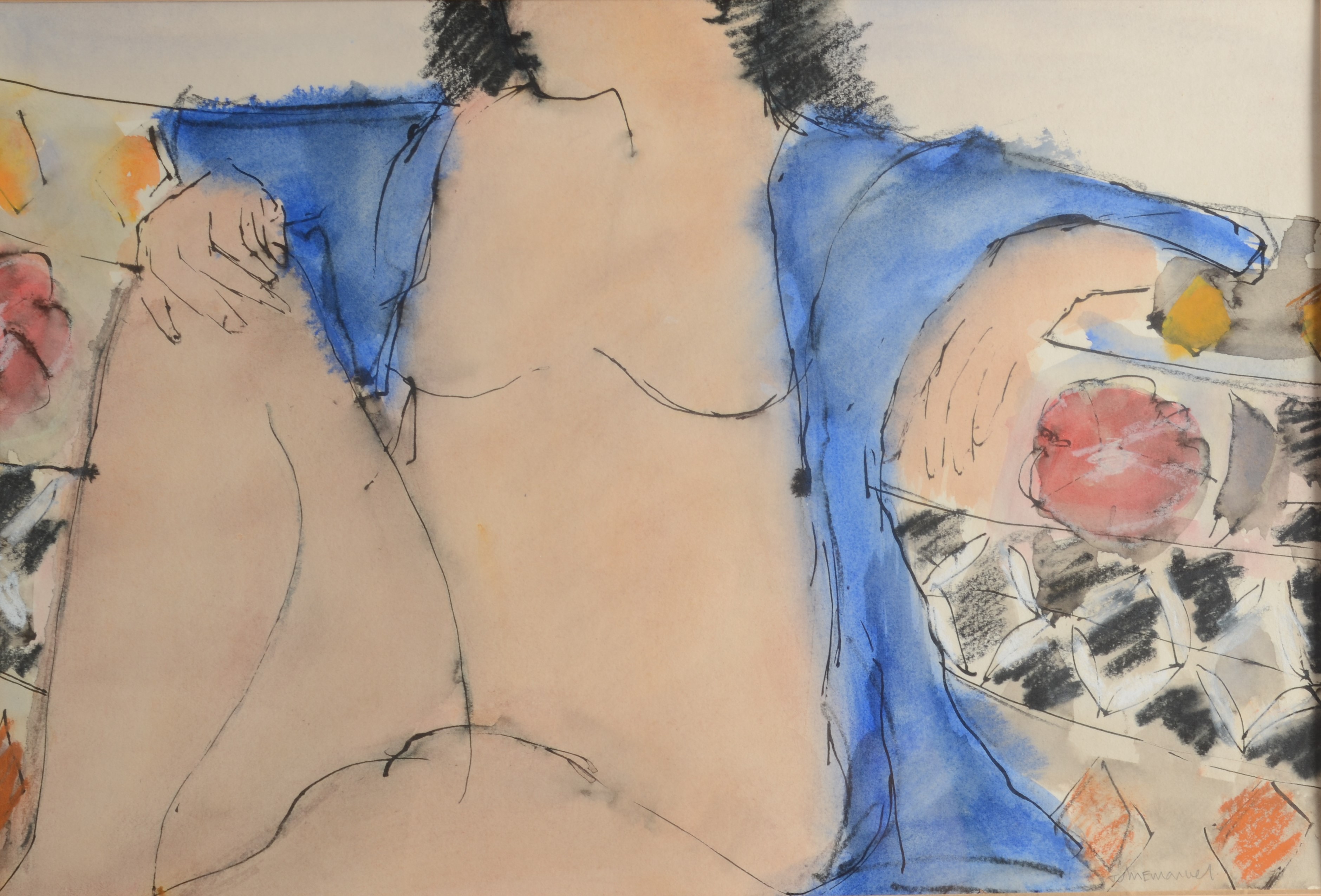 JOHN EMANUEL Figure With Blue Watercolour Signed 35 x 52 cm