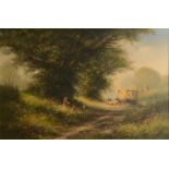 Attributed to TED DYER Children playing in a wooded lane Oil on canvas 49 x 74cm