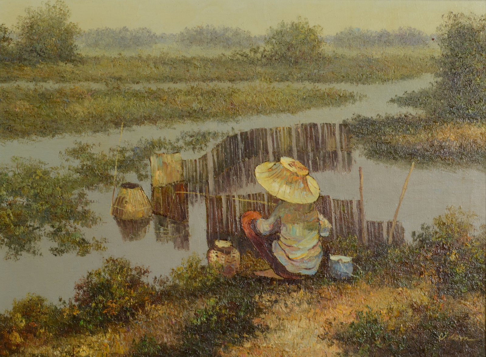 UDOM? Paddy field Oriental oil on canvas Indistinctly signed 30 x 40cm