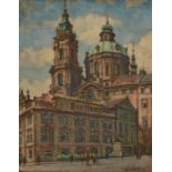 ZDENEK GLUCKSELIG Town buildings Oil on board Signed Inscribed to the back 37 x 30cm
