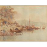 MG TUN HLA Village Activities by The River Watercolour Signed 14 x 19 cm