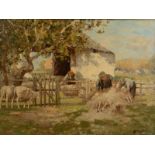WILLIAM MACBRIDE Sheep shearing Oil on canvas Signed 45 x 60cm Condition report:
