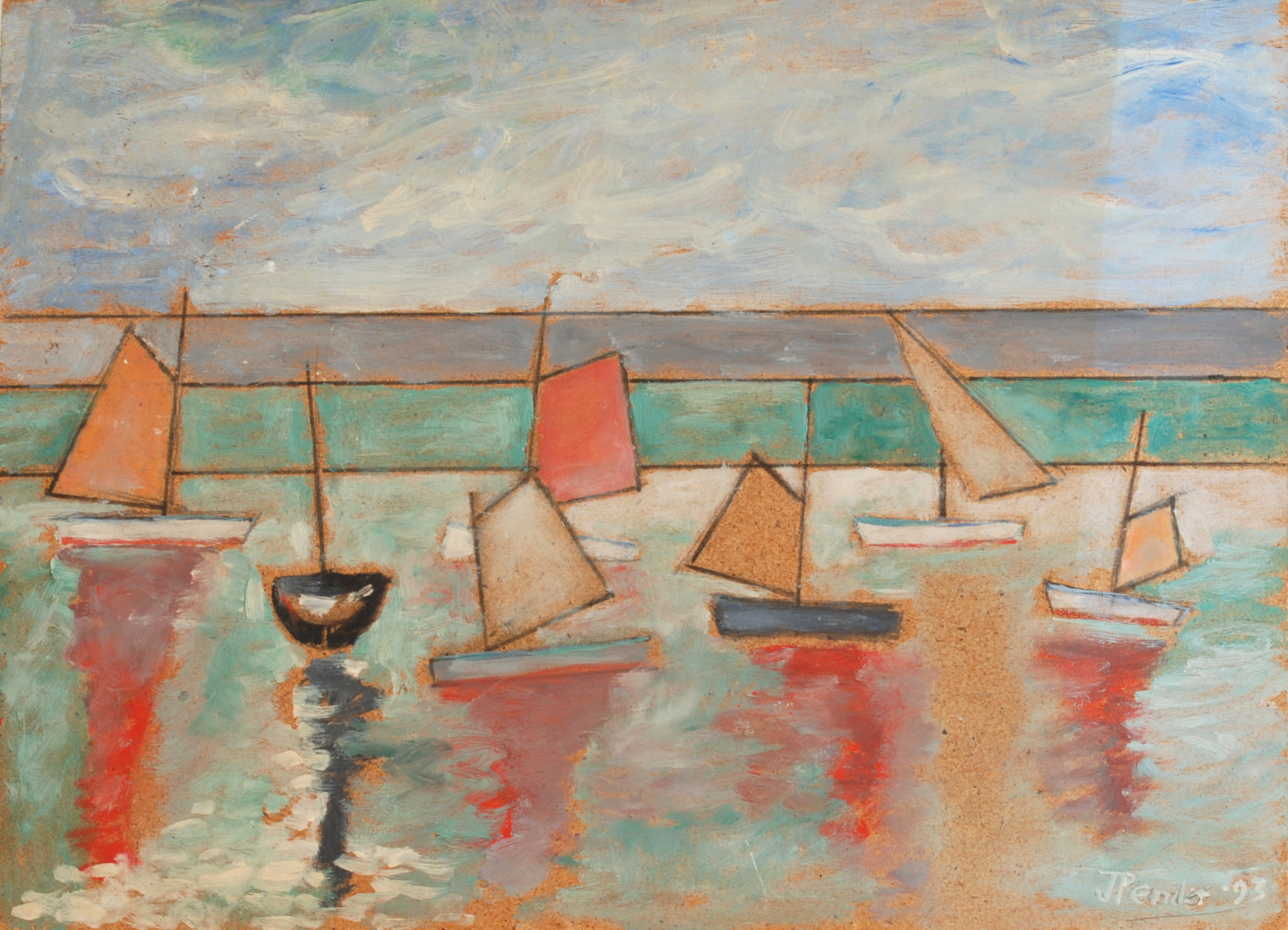JACK PENDER Seven Boats in A Harbour Oil on board Signed and dated 1993 25 x 34 cm