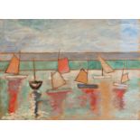 JACK PENDER Seven Boats in A Harbour Oil on board Signed and dated 1993 25 x 34 cm