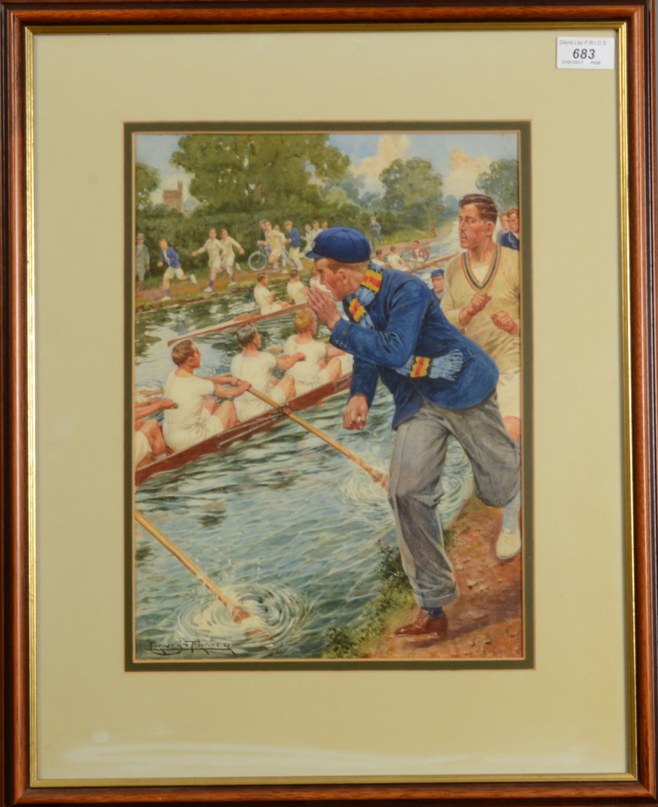 ERNEST PRATER A college boat race Watercolour Signed 35 x 26cm