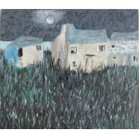 HEATHER BRAY Moonlit Cottages Oil on board Monogrammed Signed and inscribed to the back 37 x