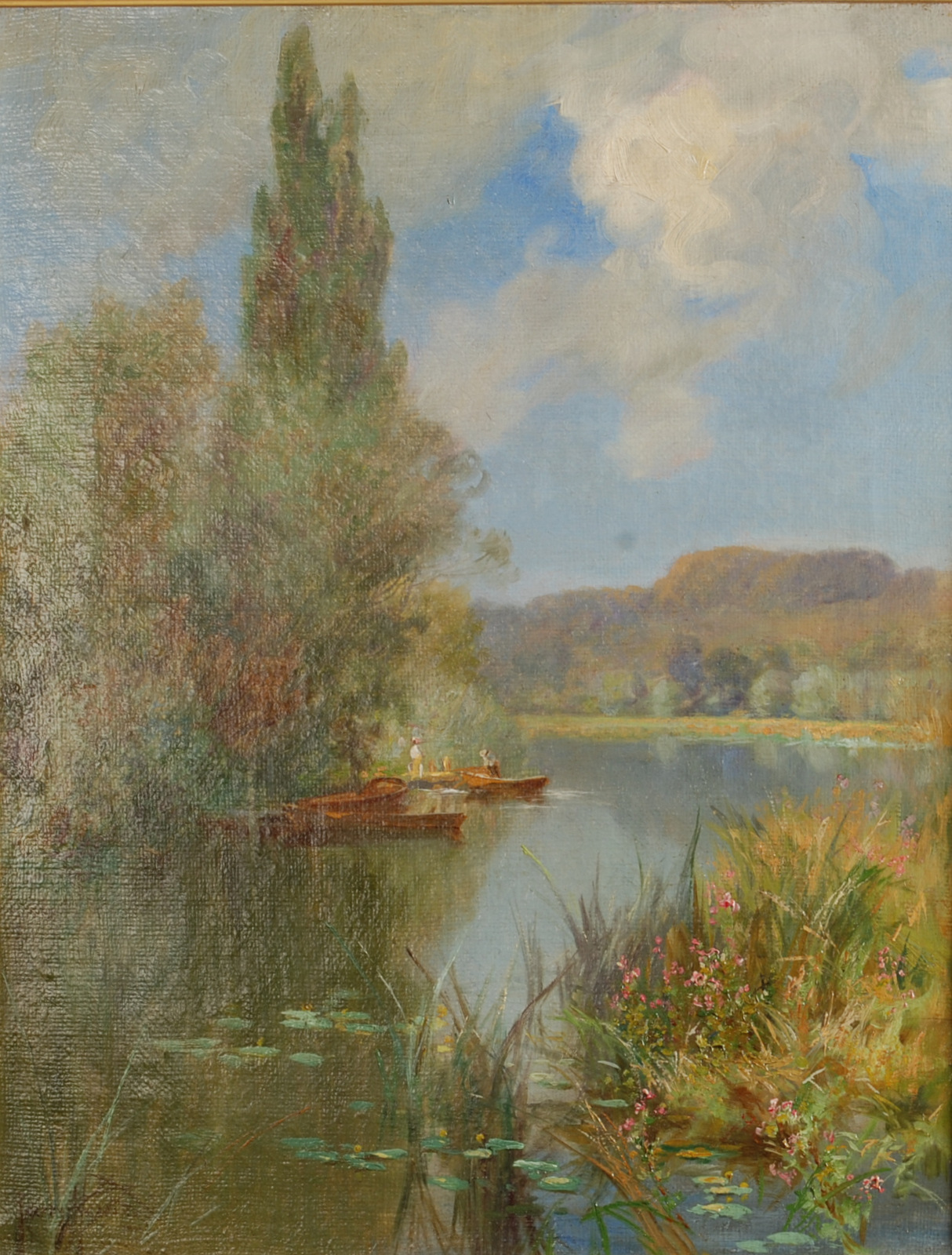 HARRY WILLIAM ADAMS Boating On A River Oil on canvas Signed and dated Labels on the back 1901 46 x