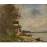 P UCCIANI Geese on The Banks of A River Oil on canvas Signed 26 x 32 cm