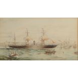 A ship portrait and busy waterway Greenock Watercolour Initialled JMJ? and dated (18)70 27 x