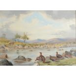 JOHN CYRIL HARRISON The Burn Grouse and Roe deer Watercolour Signed Gallery label on the back 55 x