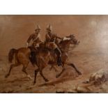 British Army officers approaching camp Oil on board Monogrammed SK and dated 1885 47 x 65cm