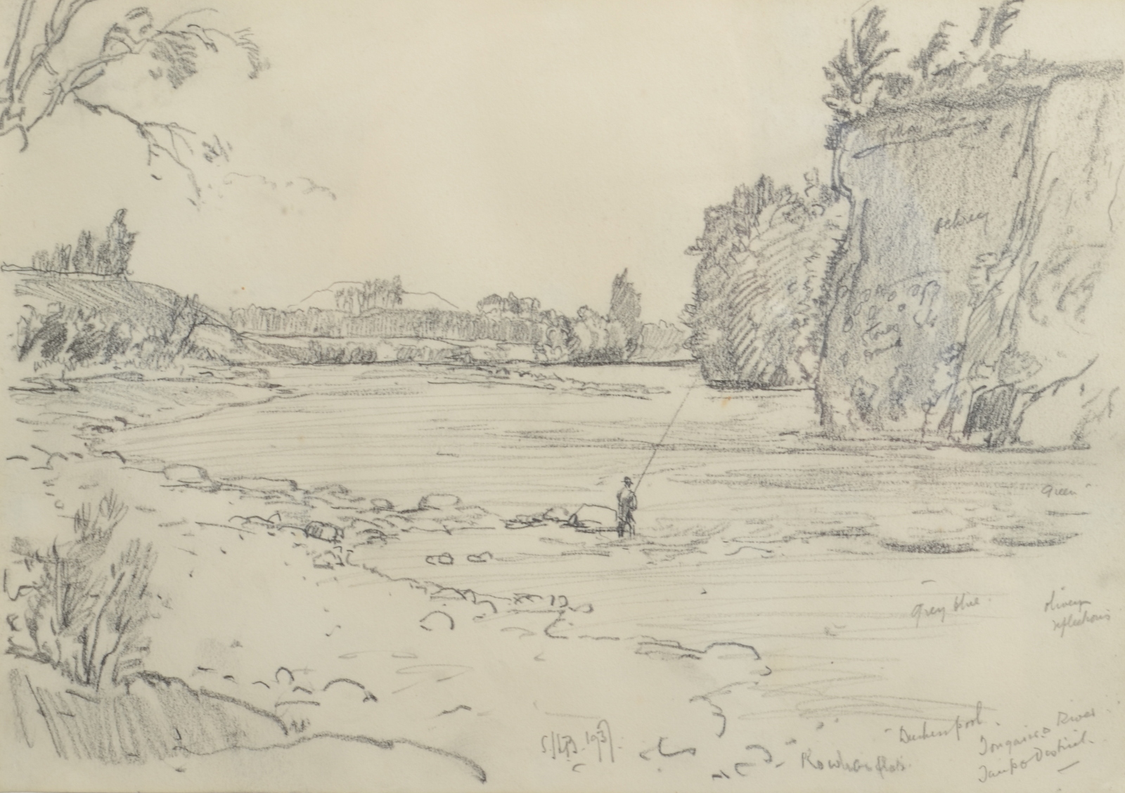 SAMUEL JOHN LAMORNA BIRCH Fishing on the bend Pencil drawing Initialled and dated 1937 18 x 25.