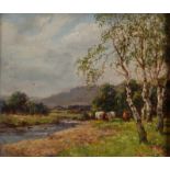 DIXON CLARKE Cattle Grazing By A Stream Oil on board Signed 23 x 28 cm