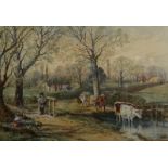 English School Cattle and Figures by a River Ford Watercolour 34.5 x 50.