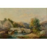 JOSEPH HORLOR People crossing a bridge in a mountain landscape Oil on canvas Signed Indistinct