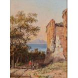 JACOB GEORGE STRUTT A view to Vesuvius past a goat herd and a ruined castle Oil on paper Signed