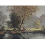 GUDRUN SIBBONS Fishing On The Banks Of A River Oil on panel Signed 29 x 39cm