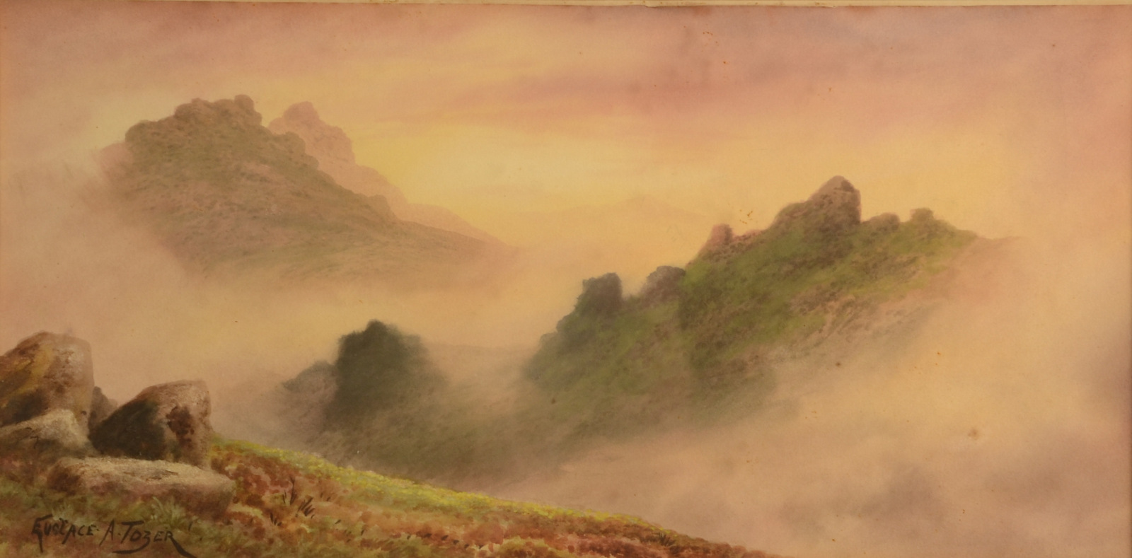 EUSTACE A TOZER Landscape at Sundown Watercolour Signed 26 x 50cm