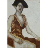 BEN CARRAVICK Seated woman Mixed media Signed artist's label to the back 23 x 16cm