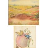 ALICE LIZZIE WEST Greenfinches and a Bluebird Eating a Peach Watercolour 9.5 x 9.