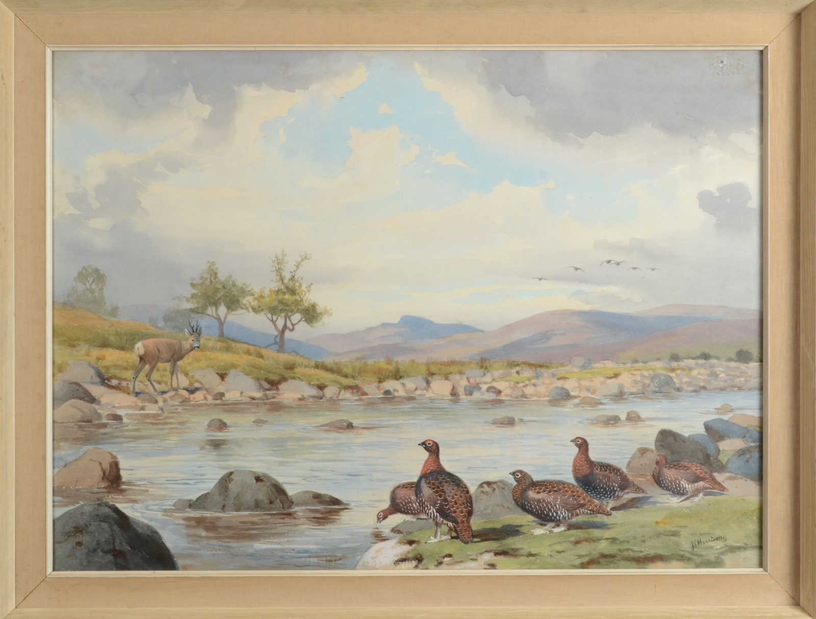 JOHN CYRIL HARRISON The Burn Grouse and Roe deer Watercolour Signed Gallery label on the back 55 x - Image 2 of 10