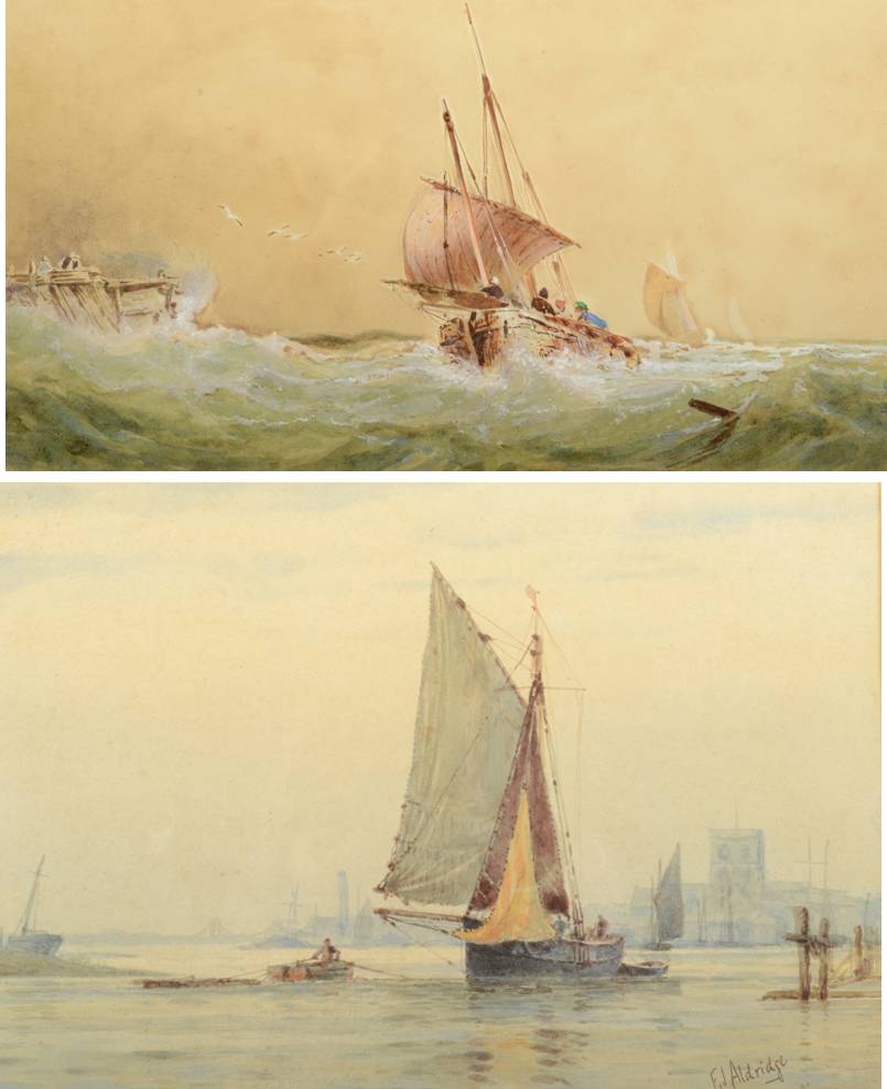 FREDERICK JAMES ALDRIDGE Sailing boats by a port Watercolour Signed 17.