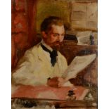 K LAUDA? Gentleman reading Oil on canvas laid down Indistinctly signed 28 x 22cm