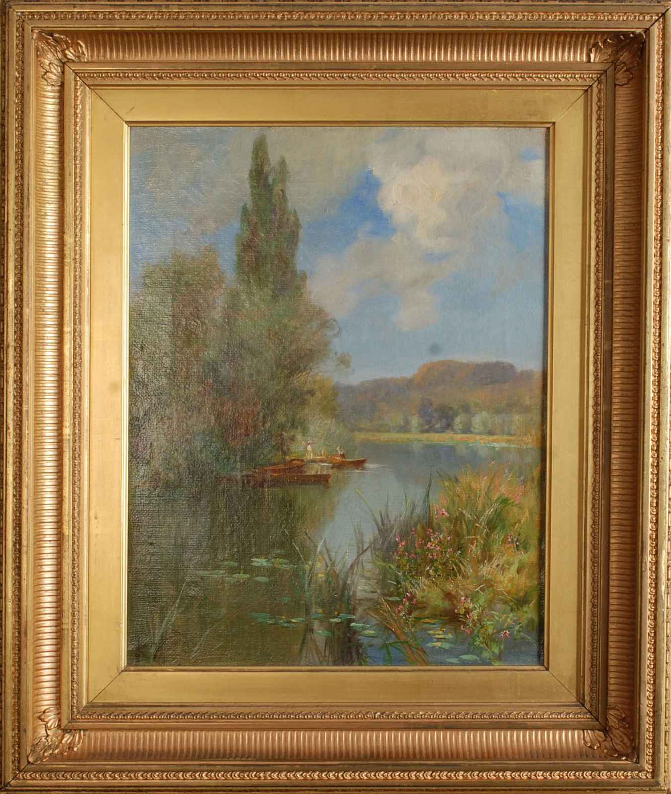 HARRY WILLIAM ADAMS Boating On A River Oil on canvas Signed and dated Labels on the back 1901 46 x - Image 2 of 4