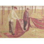 RICHARD PLATT Mending Nets circa 1953 Three colour lithograph Signed and inscribed by the artists