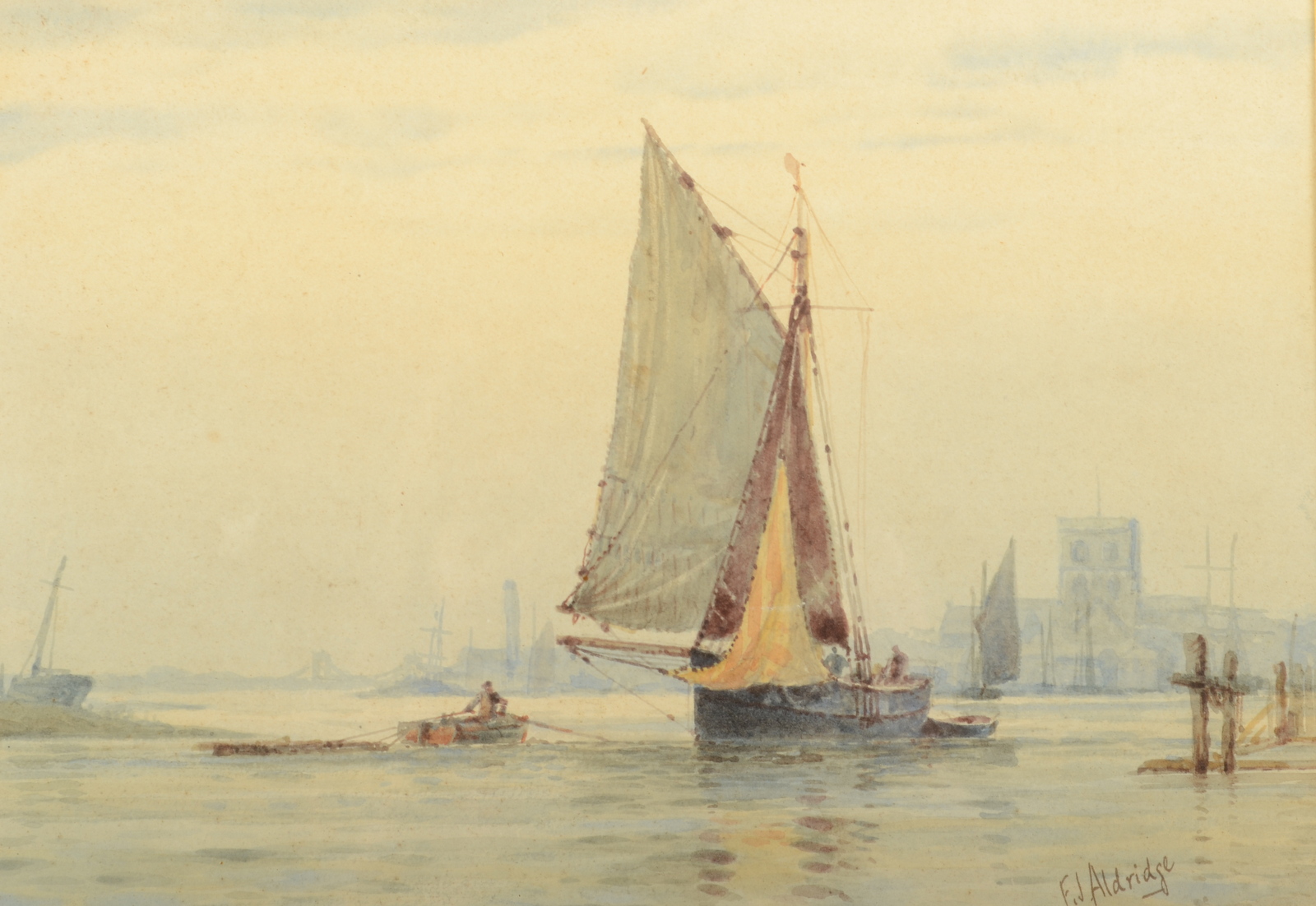 FREDERICK JAMES ALDRIDGE Sailing boats by a port Watercolour Signed 17. - Image 3 of 3