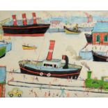 SIMEON STAFFORD On The Docks Falmouth Oil on board Signed and dated 2003 Inscribed to the