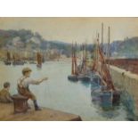 HENRY MEYNELL RHEAM Boys fishing in Newlyn Harbour Watercolour Signed and dated 1894 26 x 35cm