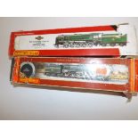 Two Hornby railways steam outline locomotives, each "Evening Star" boxes damaged, lacquered.