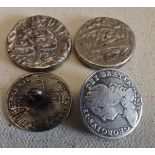 Two silver Indian Dump coins plus two 6d 1746 and 1696 each mounted.