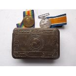 WWI pair to 20576 Pte. J.W. Cordwell. Som. L. I. contained in a Queen Mary 1914 gift tin.