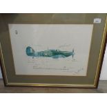 Signed aviation print:- Hurricane by Keith Broomfield (1980) signed by 24 pilots including Group