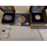 A proof silver £5, 2000 Britannia and a silver proof £2 coin.