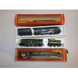 Two Hornby railways steam locomotives, "Spitfire" and "Queen Mary" boxes damaged, lacquered.