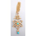 A 15ct gold pearl set pendant and chain with central turquoise and a turquoise drop.