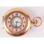 A 14ct gold keyless half hunter cased fob watch with a blue and pink enamelled chapter ring.