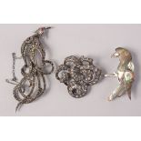 An abalone parrot brooch, a marcasite phoenix brooch and one other brooch.