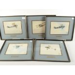 A set of five aeronautical watercolour paintings, depicting classic planes in flight,