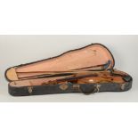 A cased violin and two bows, length of back 37cm.