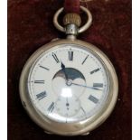 A good silver cased calendar and lunar dial pocket watch by Kramer & Moser with silver coloured