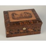 A Tunbridge Ware work box, the cover decorated with an historic building,